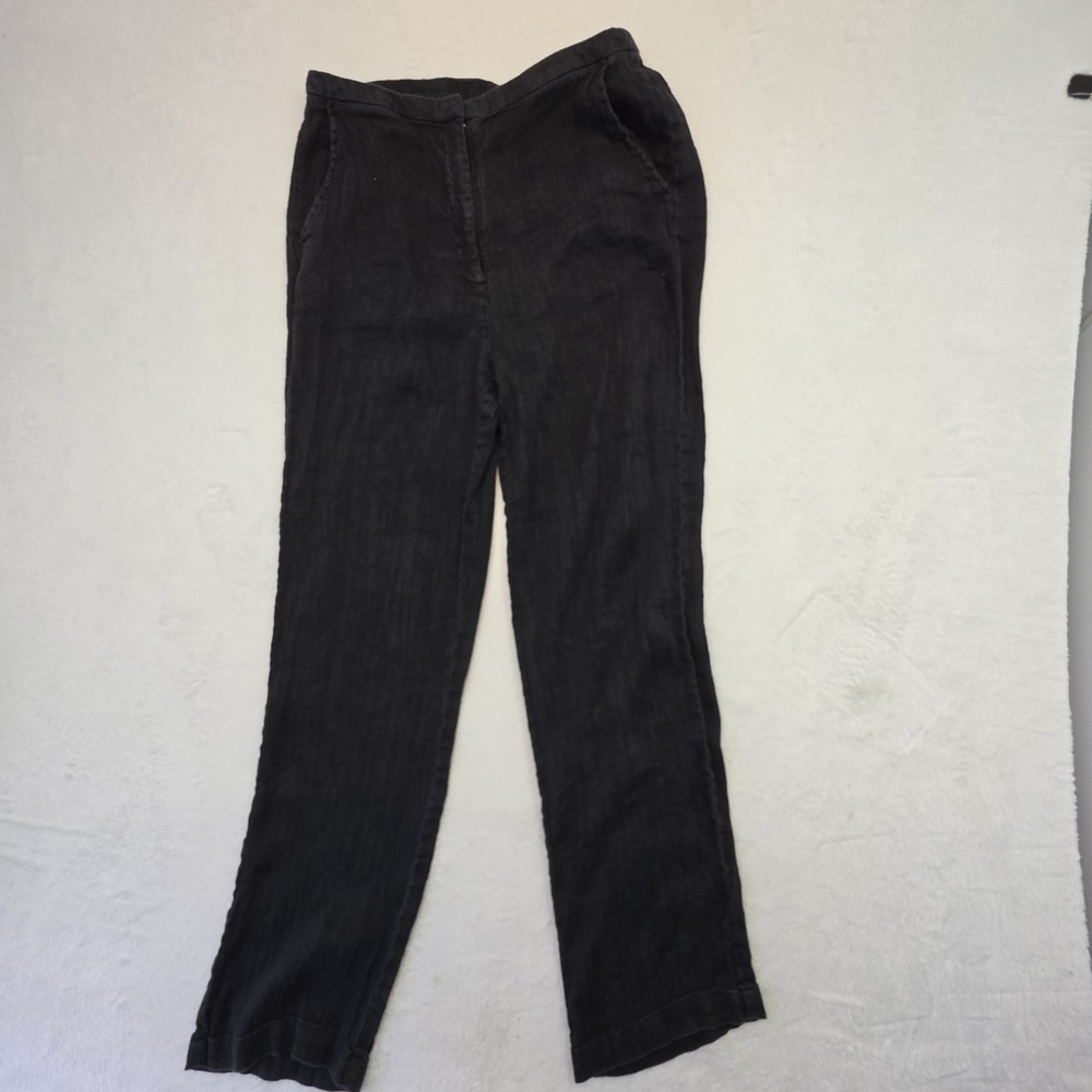 Eileen Fisher Petite PP Black Linen Pull On Straight Leg Pants Women's Petite